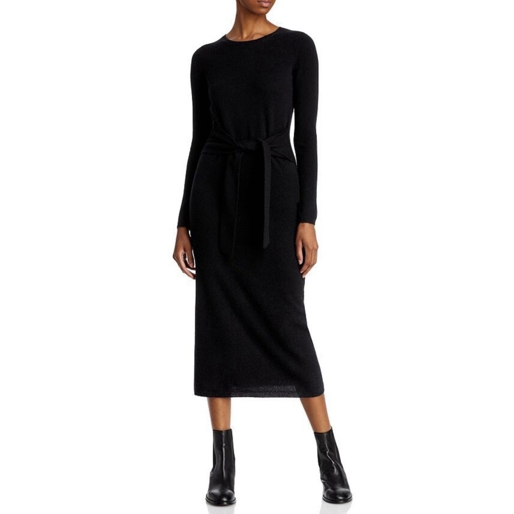 AQUA 100% Cashmere Tie Waist Midi Sweater Dress Black M Minimalist Quiet Luxury